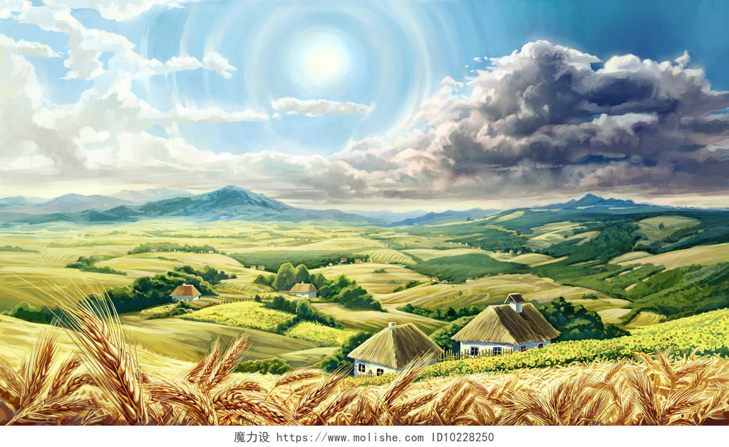 太阳能的乡村景观与房屋 小麦和向日葵在前景美好乡村二十四节气24节气芒种